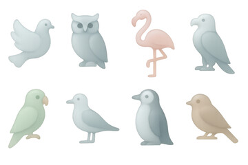 Obraz premium Frosted glass bird icons set: minimalist linear style featuring eight unique bird designs