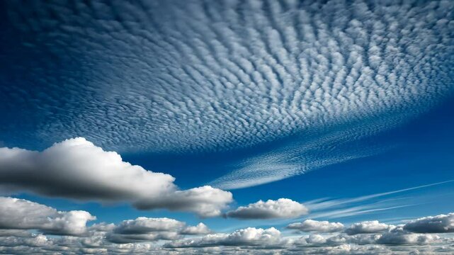 Vibrant blue sky filled with altocumulus clouds and some cumulus clouds in a detailed atmospheric view