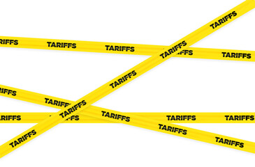 Economic warning banner with overlapping yellow tapes marked "TARIFFS", visualizing supply chain disruption and regulation issues.

