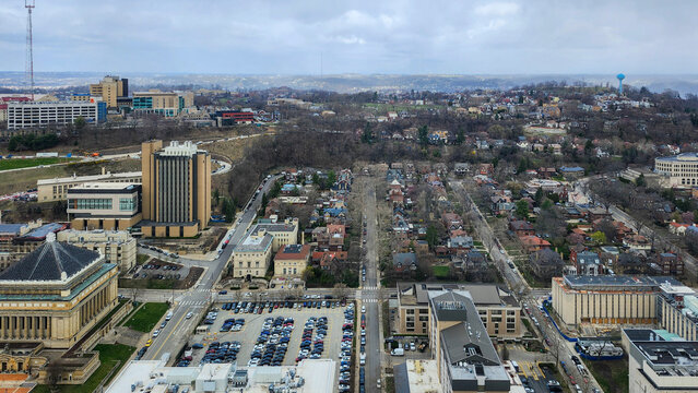 Pittsburgh, Pennsylvania, USA &ndash; April 10, 2024: Aerial view of the Oakland neighborhood showing Carnegie Museums, University of Pittsburgh buildings, and surrounding residential areas.