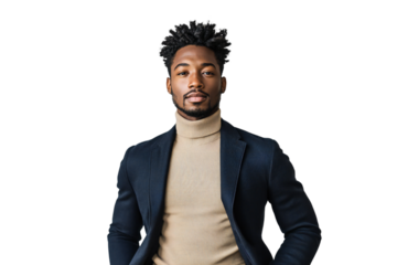 Confident and stylish man wearing beige turtleneck and navy blazer, modern fashion portrait with calm expression, isolated on transparent background