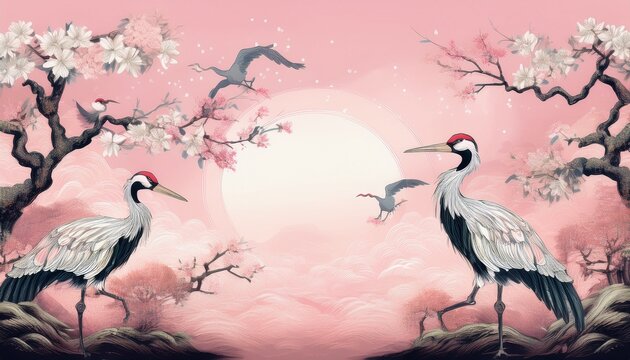 creative border frame of Japanese patterns with crane birds, bonsai trees, cherry blossom flowers background, graphic resource
