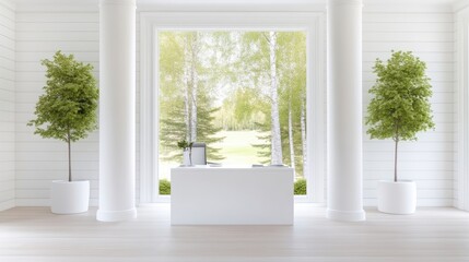 Fototapeta premium White reception desk with garden view