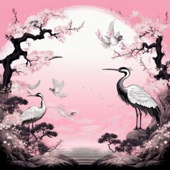 Fototapeta premium creative border frame of Japanese patterns with crane birds, bonsai trees, cherry blossom flowers background, graphic resource