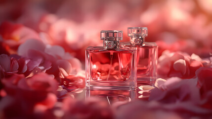 Two perfume bottle with red and pink flowers around them