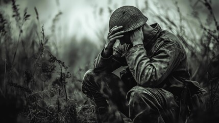 Soldier in helmet crouches with head in hands in a