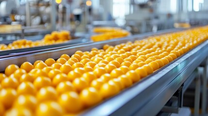 Fototapeta premium Bright oranges flow down a polished conveyor belt in a state-of-the-art food processing facility. The bustling activity highlights the efficiency and technology behind modern food production