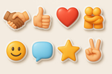 Colorful 3d emoji icons set: handshake, thumbs up, heart, hug, smile, chat, star, peace sign