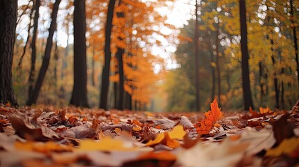 Autumn Forest Path with Colorful Leaves on Ground in Sunshine