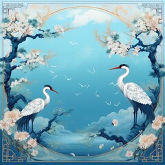 Fototapeta premium creative border frame of Japanese patterns with crane birds, bonsai trees, cherry blossom flowers background, graphic resource