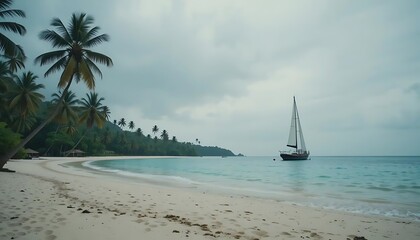 Obraz premium Sailing Boat Anchored Off Tropical Beach with Palm Trees and Cloudy Sky