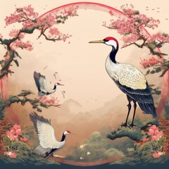 Naklejka premium creative border frame of Japanese patterns with crane birds, bonsai trees, cherry blossom flowers background, graphic resource