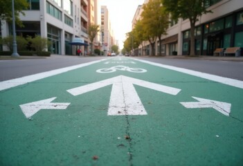 Green bike lane with directional arrows in an urban setting