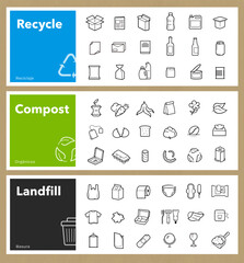 Ready sets of icons for separating waste on trash, compost, recycle. Vector elements are made with high contrast, well suited to different scales. Ready for use in your design. EPS10.