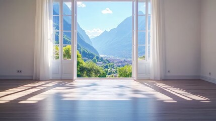 Fototapeta premium Bright and Spacious Room with Scenic Mountain View through Open Doors