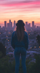 A woman listening music with her headphones looking at the city at Sunset