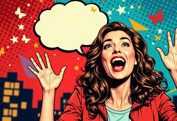 Excited woman with curly hair expressing joy against a colorful background in comics style