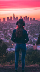 Young woman wearing jeans with headphones looking at the city at Sunset back view facing
