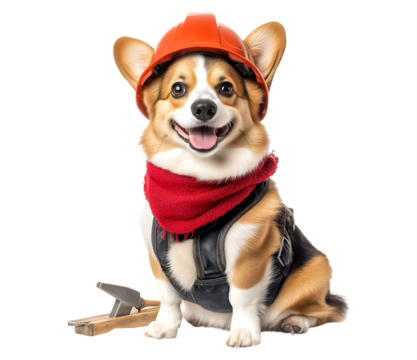 Corgi Labor Day Mascot - Cute corgi in worker gear, celebrating hard work. Great for posters, greeting cards, or social media posts for Labor Day. Transparent background.