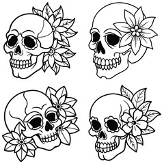 Fototapeta premium Skull with Flowers Vector Set: Floral Sugar Skull Illustrations