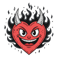Design a vector illustration of a flaming demonic heart with bold, impactful strokes.  Stylize it with intense, fiery details.