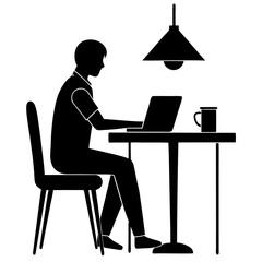 silhouette of a man working on laptop, Freelancer working from a cafe silhouette, Office manager working on laptop in black silhouette style illustration, modern workplace concept, copy space
