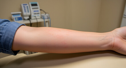 Fototapeta premium Arm in medical setting, skin texture close-up, clinical background.