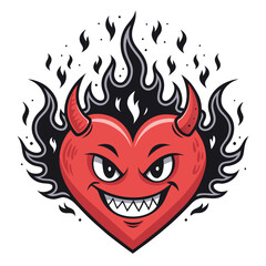 Create a vector illustration of a flaming demonic heart with bold, thick strokes; intense fiery colors, sharp edges, and dramatic shading.