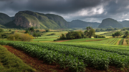 A field of green plants with a mountain in the background