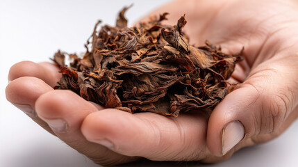 A hand holding a pile of brown leaves