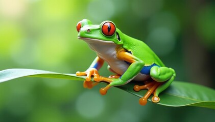 Naklejka premium Green tree frog perched on white, vibrant colors, pure, isolated frog, photography