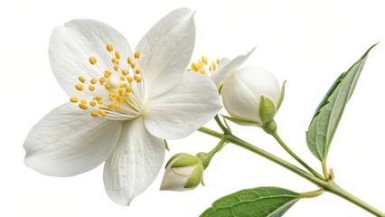Obraz premium Close-up of Blooming Jasmine Flower White Petals, Yellow Stamens, Green Leaves, Nature Photography, Jasmine, Flower ,Floral Photography