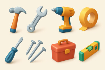 3d tools icons set: hammer, wrench, drill, tape, screwdriver, nails, toolbox, level