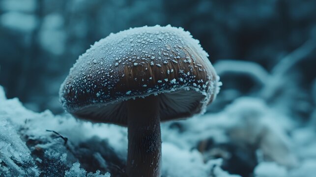 Macro shot of single forest mushroom with delicate frost crystals covering cap, captured in cold morning light to highlight fine surface textures and quiet winter stillness nature