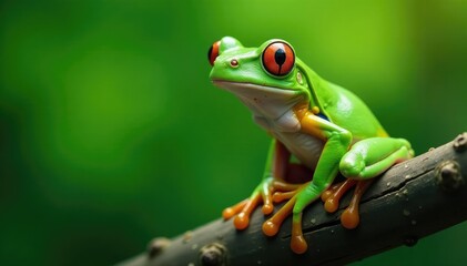 Naklejka premium Green tree frog perched on white, vibrant skin , eyes, nature photography