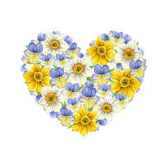 A heart of bright spring flowers, yellow daffodils and blue pansies. Watercolor illustration for postcard, gift wrapping.