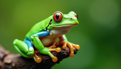 Green tree frog perched on white, vibrant skin, isolated, amphibian, leaping