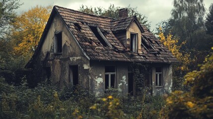 An old, abandoned house stands in wild overgrowth, with its dilapidated facade telling stories of the past amid the encroaching foliage.