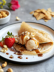 Pancakes with ice cream and strawberries crepes chocolate sauce