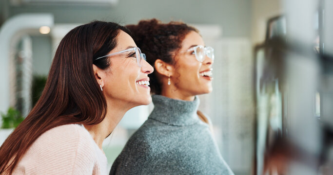 Optometry, women and client with glasses, help and friendly service with consultation. Clear vision, customer and professional in store, trust or medical advice for designer frame decision or eyewear