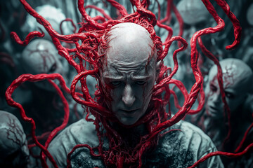 Carnage symbiote horror movie poster art featuring a man engulfed in red tendrils and terrorizing heads