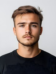 Fototapeta premium A young man with light brown hair and a short beard poses for a serious headshot against a plain gray background.