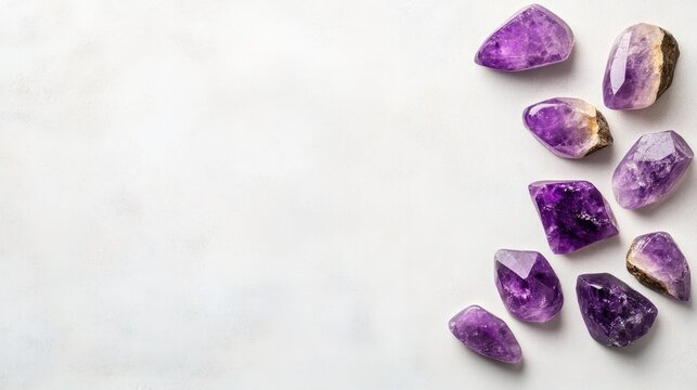 Purple amethyst crystals on white background for healing and decor design