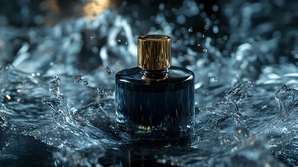 Close up of a bottle of perfume with water around it