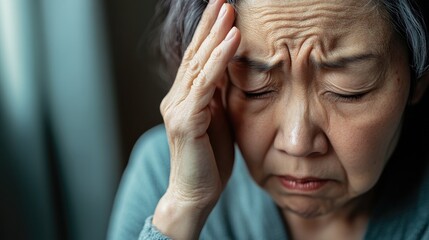 Senior asian woman experiencing depression, anxiety, and stress - mental health awareness and support design