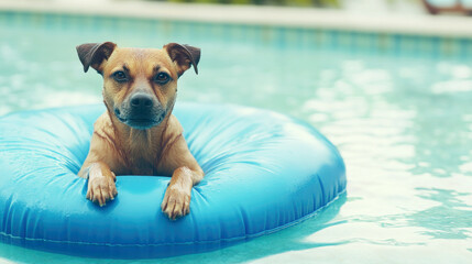 Cute dog relaxing on a blue air mattress in refreshing pool water for summer fun and pet relaxation concepts