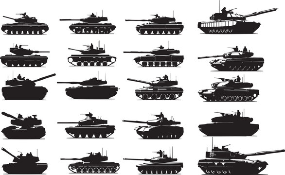Tank silhouettes set, army pack of vector silhouette design