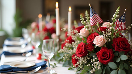 Capture refined Memorial Day themed decor with meticulously styled visuals that blend patriotic motifs elegant floral artistry and tasteful commemorative design elements for formal celebration in  Pho