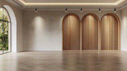 Minimalist interior design with arched wooden wall and elegant flooring in bright empty room