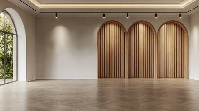 Minimalist interior design with arched wooden wall and elegant flooring in bright empty room